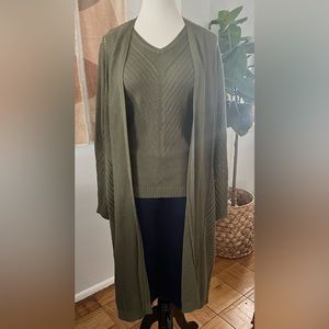 Chico's Duster Cardigan & Shell Twinset Olive Green Open Front Side Slits Size 3